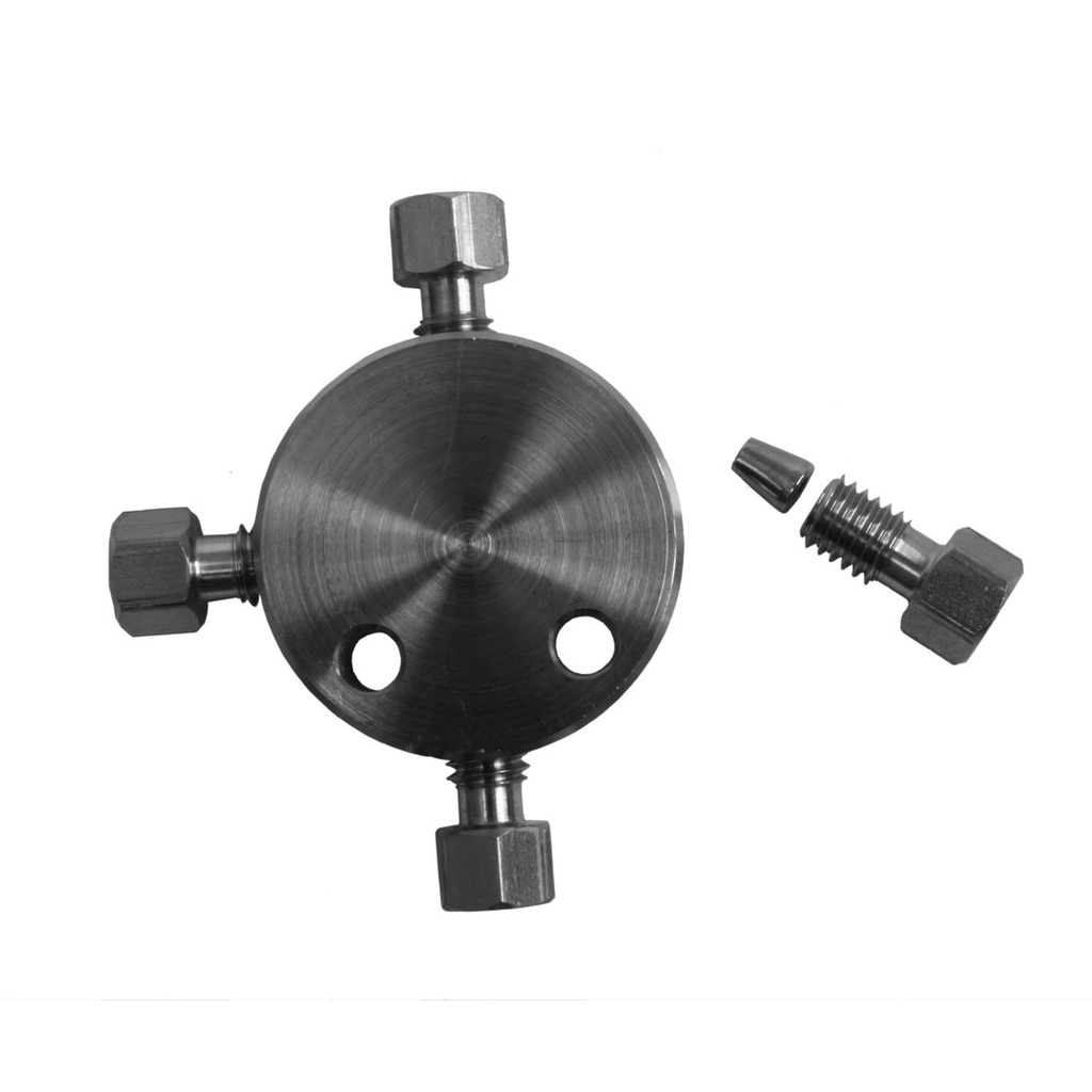 X-connector for 4 capillaries with 1/16" OD, thread UNF 10-32, bore size 0.5 mm, stainless steel