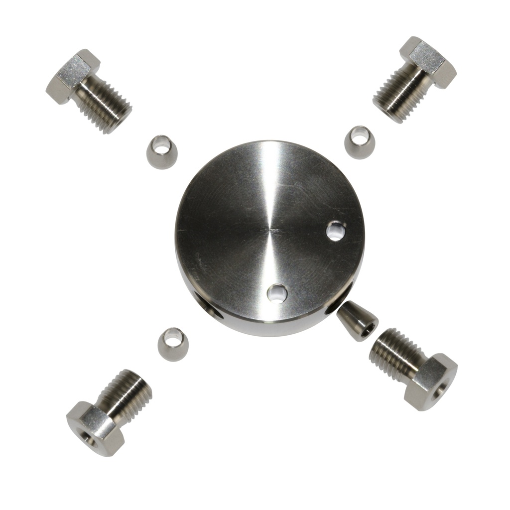 T-connector for 4 capillaries with 1/8" OD, thread M8x1, bore size 2.0 mm, stainless steel