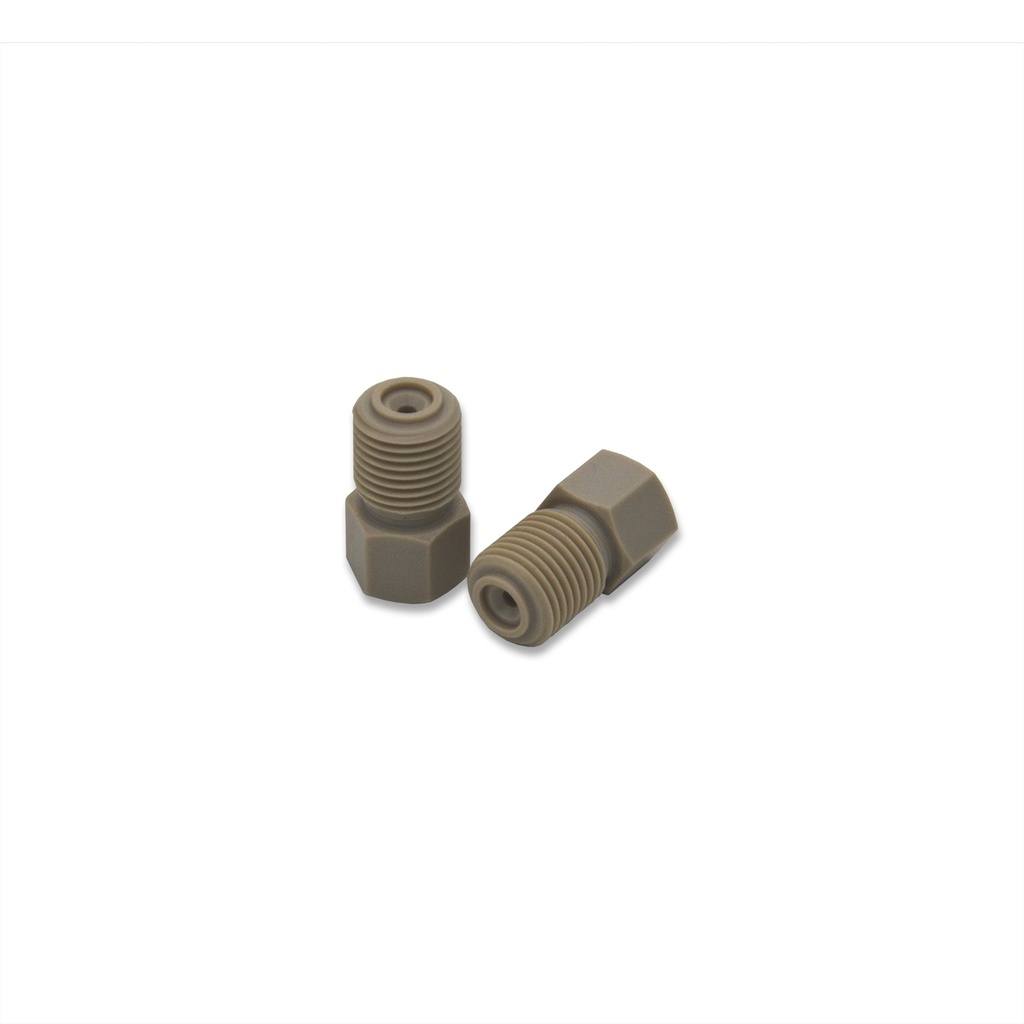 Adapter 1/4" to 1/16" or 1/8", 1/2-20 UNF male to 1/4-28 female flat bottom, PEEK