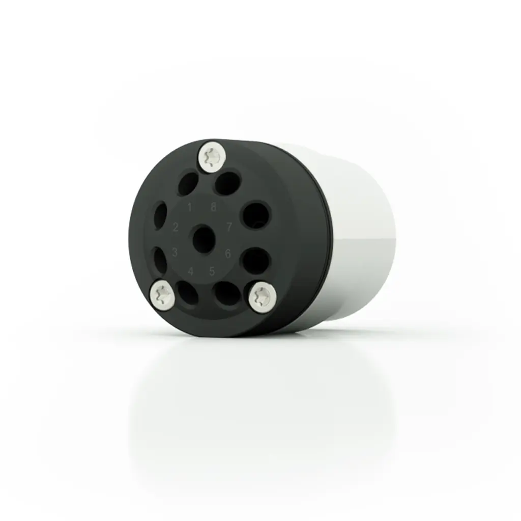 AZURA® V 4.1 Valve, 8Port MultiPos w/o drive, 50 bar, PEEK, 1/8" 1/4-28 UNF flat bottom, 2 mm bore size, PEEK/PEEK