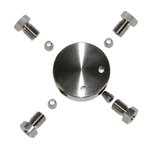 [A1096] T-connector for 4 capillaries with 1/8" OD, thread M8x1, bore size 2.0 mm, stainless steel
