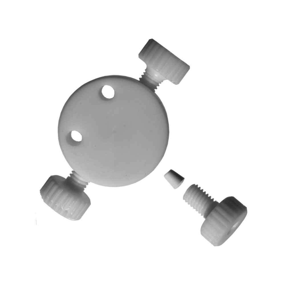 T-connector for 3 capillaries with 1/16" OD, thread UNF 10-32, bore size 0.5 mm, Polymer