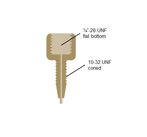 Adapter 1/16" coned external thread to 1/16" or 1/8" internal flat-bottom thread, female 1/4-28 Flat Bottom to 10/32 thread coned male, incl. 2 Flat Bottom nuts and 4 ferrules
