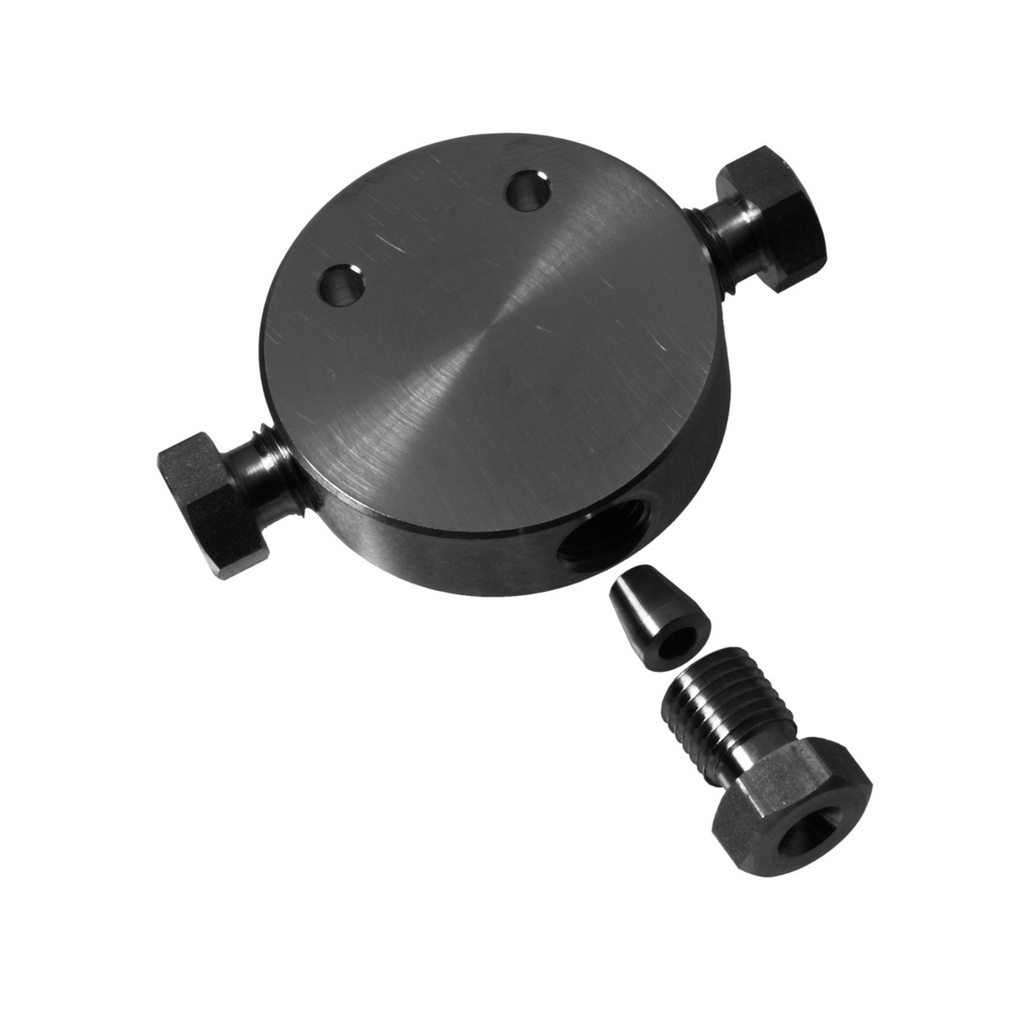 T-connector for 3 capillaries with 1/8" OD, thread M8x1, bore size 2.0 mm, stainless steel