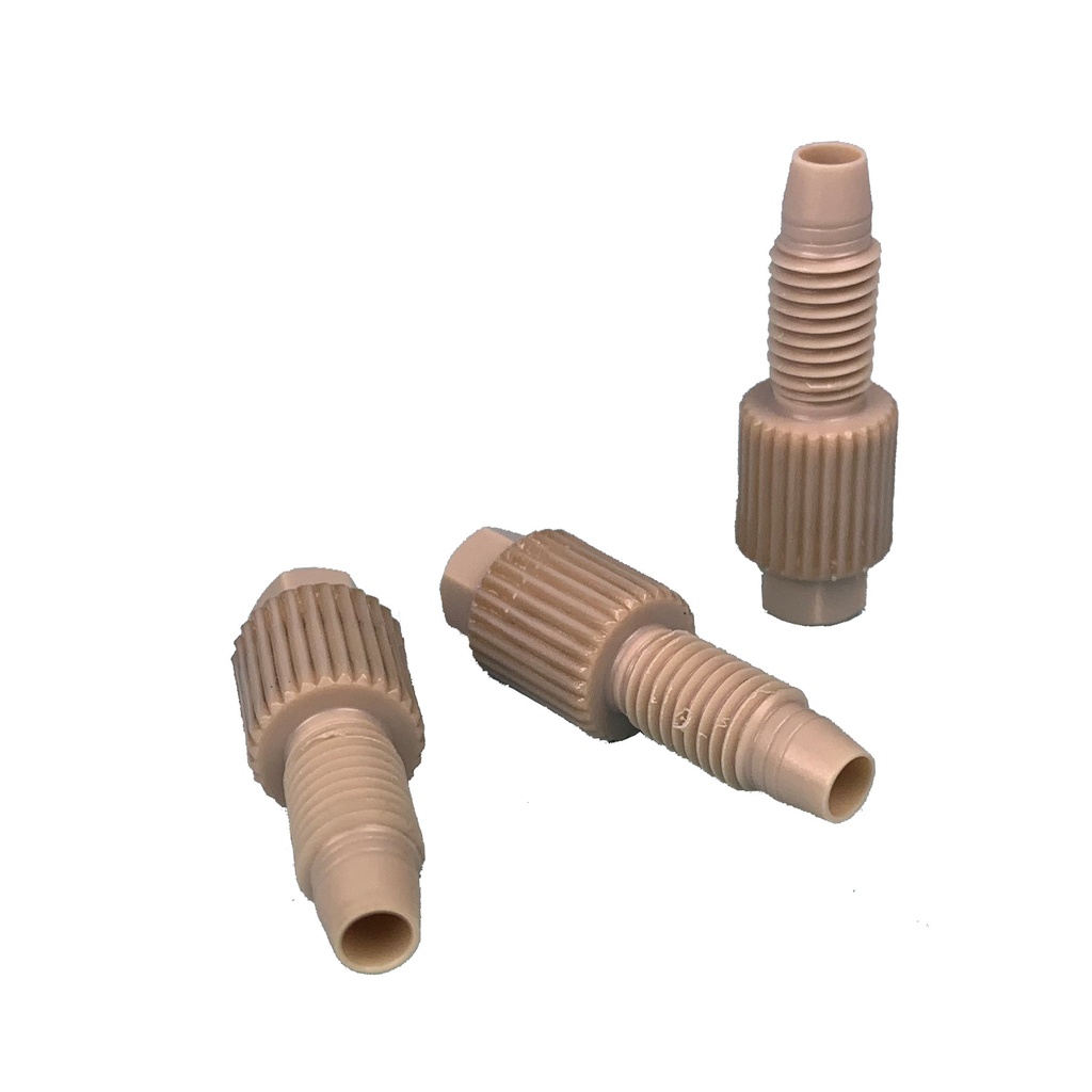 1 Verschraubung für 1/8" UNF 1/4-28 PEEK, mit integriertem Dichtring, hexagonaler Kopf und gerändelt