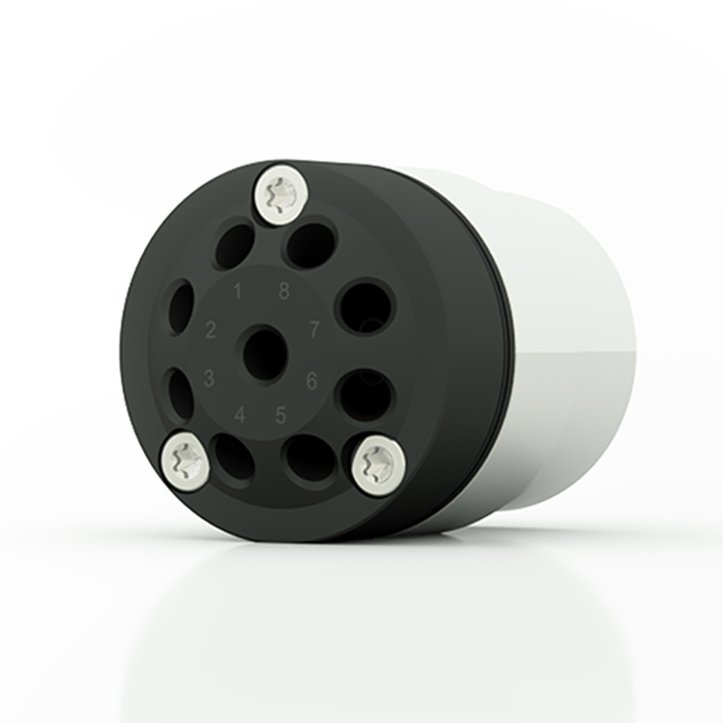 AZURA® V 4.1 Valve, 8Port MultiPos w/o drive, patented Break-free rotor seal, 200 bar, 1/8" 1/4-28 UNF, 1.5 mm bore, SSt-DLC/PEEK